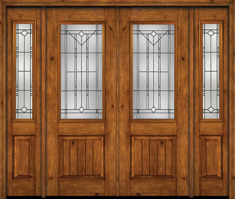 WDMA 88x96 Door (7ft4in by 8ft) Exterior Knotty Alder 96in Alder Rustic V-Grooved Panel 2/3 Lite Double Entry Door Sidelights Riverwood Glass 1