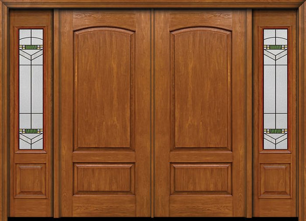 WDMA 96x80 Door (8ft by 6ft8in) Exterior Cherry Two Panel Camber Double Entry Door Sidelights Greenfield Glass 1